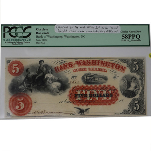 Bank of Washington, N.C. $5.00 Note