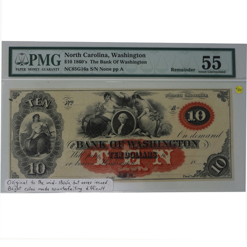 Bank of Washington, NC. $10.00 Note